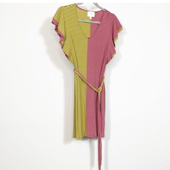 Ella Mara Anthropologie Dress Striped Color Block 2 Tone Pink Yellow flutter Wom - Picture 2 of 7